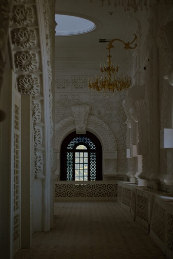 Explore the ornate interior of a mosque in Baku, Azerbaijan, showcasing stunning architectural details.
